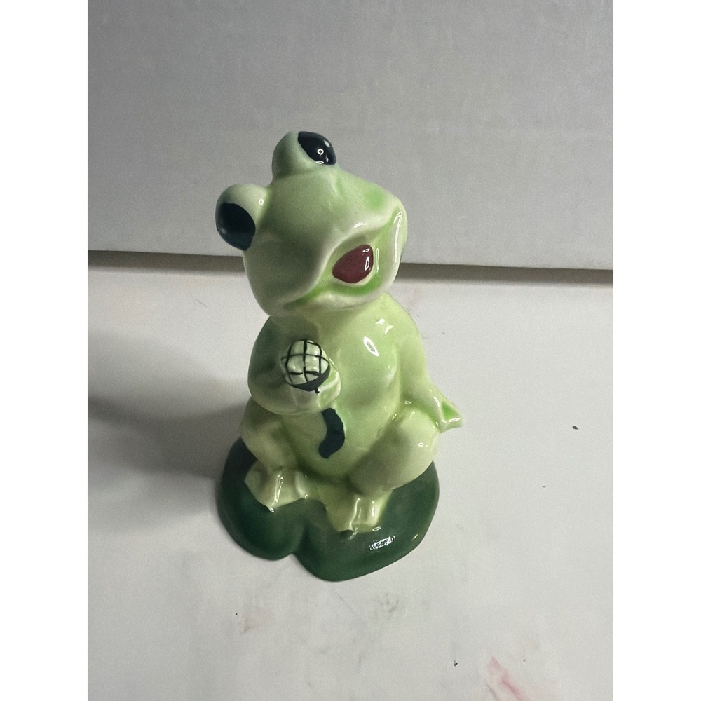 Vintage Ceramic Singing Frog Figurine on Lily Pad Made in Japan Green Kitsch